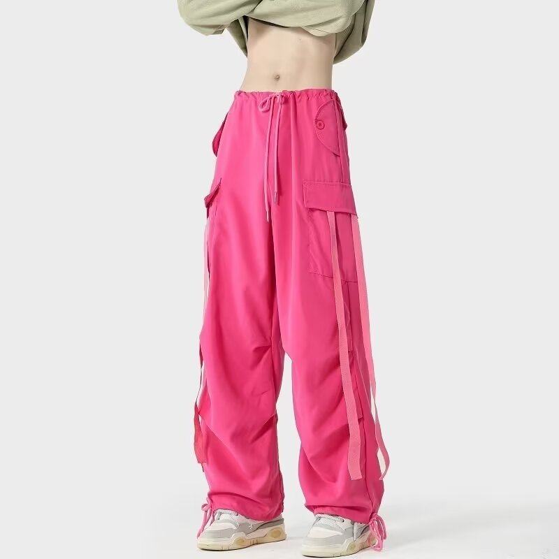 Dopamine pink overalls for men, loose, versatile, casual drawstring wide-leg pants for couples