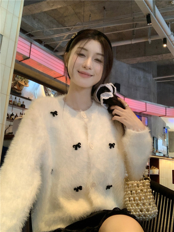 Bow-tie soft and waxy imitation mink single-breasted age-reducing plush cardigan