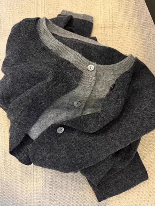 Gray fake two-piece knitted sweater jacket for women autumn and winter new dark gray high-end wool top