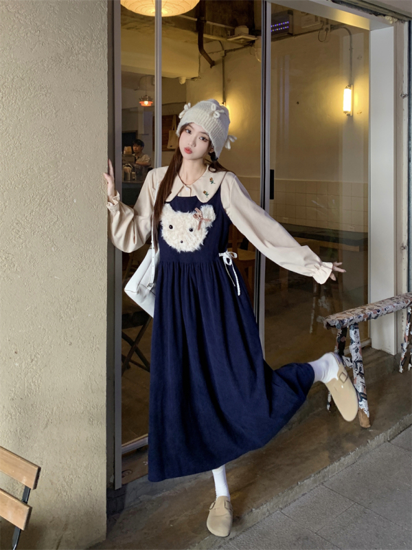 Korean style with a complete set of plush corduroy vest dress, retro layering and slimming two-piece suit