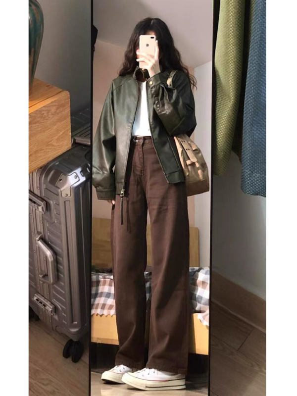 Maillard Brown Brown Jeans Women's Spring and Autumn New High Waisted Loose Wide Legs Slim Versatile Straight Floor-Mopping Pants