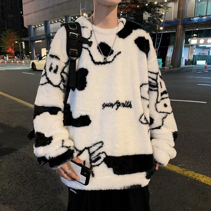 Autumn and winter lamb wool round neck sweatshirt men's Hong Kong fashion brand milk pattern coat loose top for couples