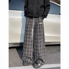 American plaid wide-leg pants for women, design sense ins drape, loose casual straight-leg niche pants trend