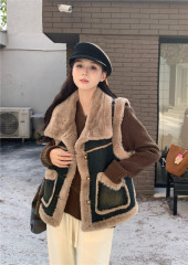 New high-end Korean style warm stand-up collar mink hair denim small fragrant vest jacket