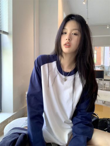 Contrast color long-sleeved T-shirt for women early autumn new pure cotton loose design raglan sleeve bottoming shirt layered top