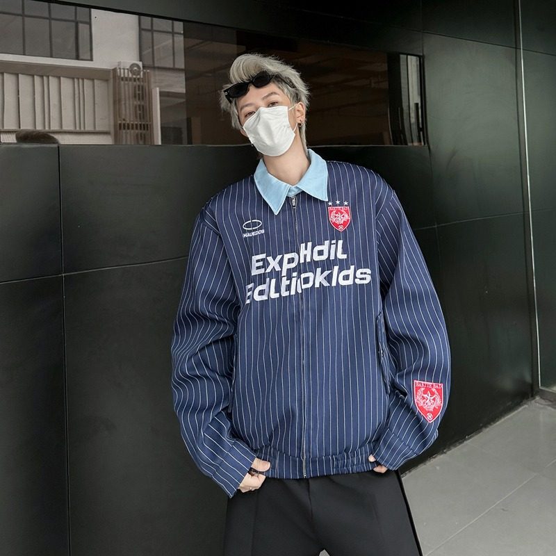 American coats for men and women in winter loose casual striped baseball uniforms couples wear lapel jackets