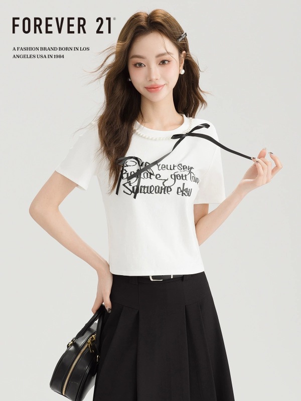 Korean style right shoulder short-sleeved T-shirt women's summer niche printed bow design top