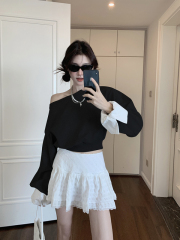 Off-shoulder collar short sweatshirt + high-waisted white skirt for women autumn 2-piece set