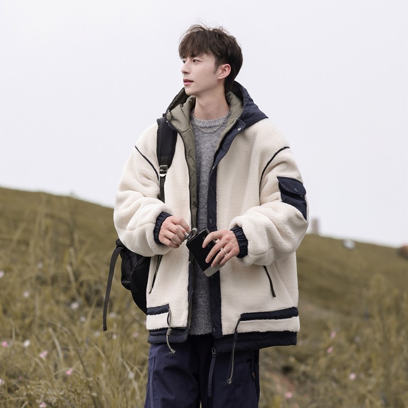 Couple cotton coat men's velvet thickened splicing workwear warm lamb wool winter jacket