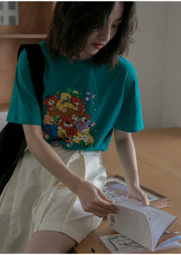 Bear Print Short Sleeve T-Shirt Women's  Summer New Korean Style Loose Round Neck Top Trendy