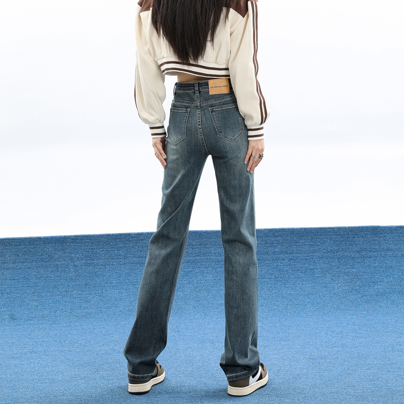Autumn and winter popular retro high-waisted leather brand straight jeans for women, versatile loose slimming floor-length trousers