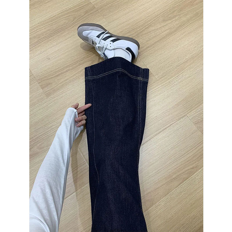 Denim blue American loose wide-leg jeans women's high-waist slim straight floor-length trousers