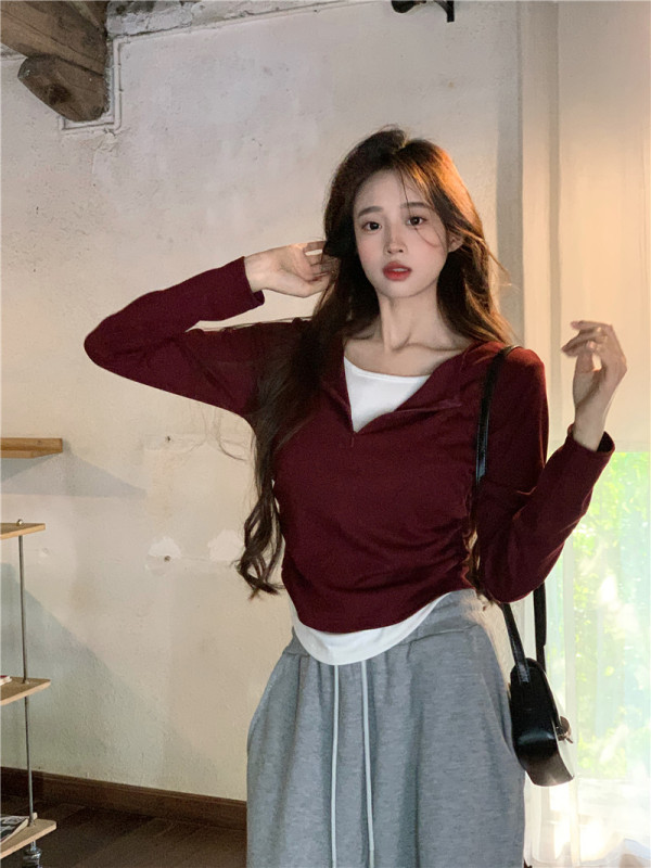 New style waist slimming long sleeve zipper fake two piece sweater