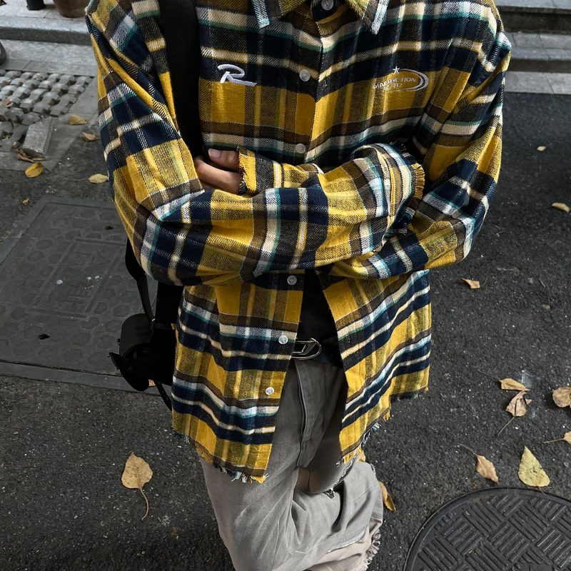American retro contrasting plaid shirt shirt for men and women loose trendy brand couple coat long sleeve