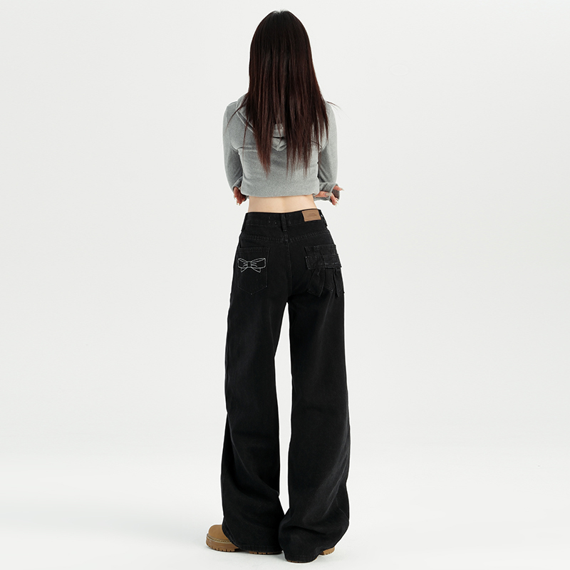 American Hot Girl High Waist Denim Wide Leg Pants Women's Autumn and Winter New Black Bow Loose Drape Straight Floor-Mopping Pants