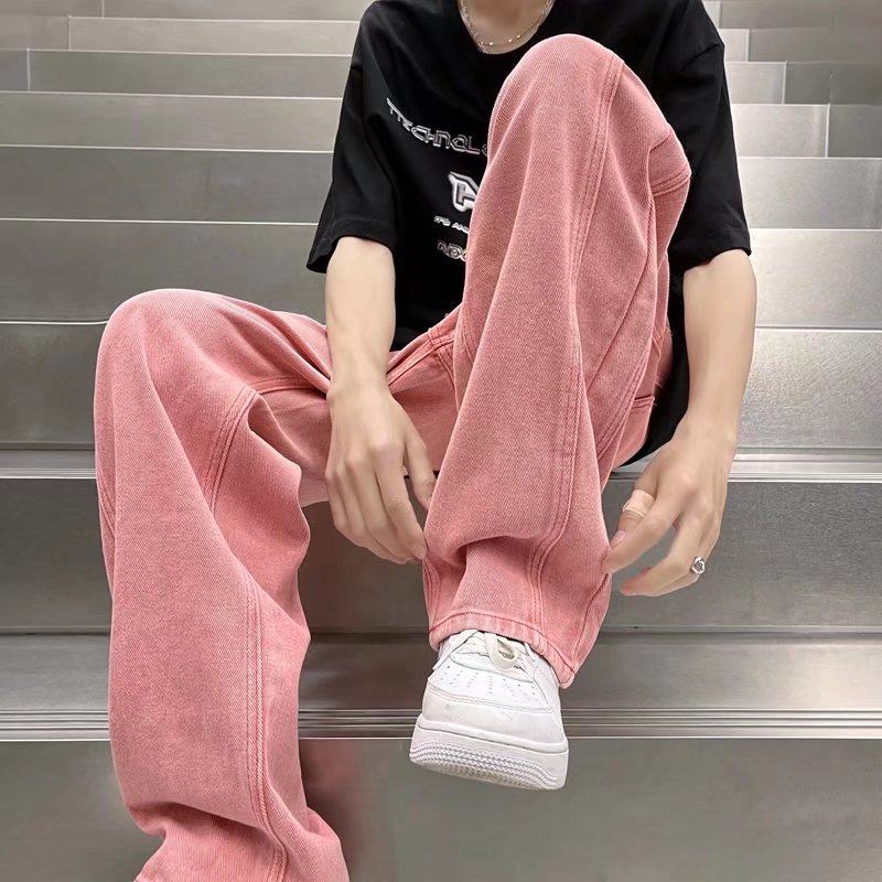 Pink jeans pants for men and women in autumn and winter loose new wide-leg pants American style ins trend brand