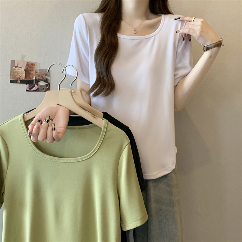 Real shot of large size 2024 new summer t-shirt women's short-sleeved loose solid color design niche tops