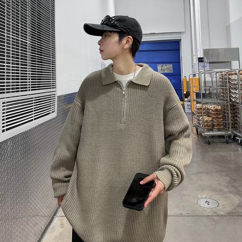 Half-zip sweater for men, autumn and winter, Japanese retro lazy style lapel sweater, loose casual sweater
