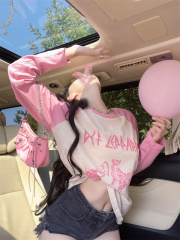 Letter Pattern Color Block Sleeve Thin Long Sleeve T-Shirt