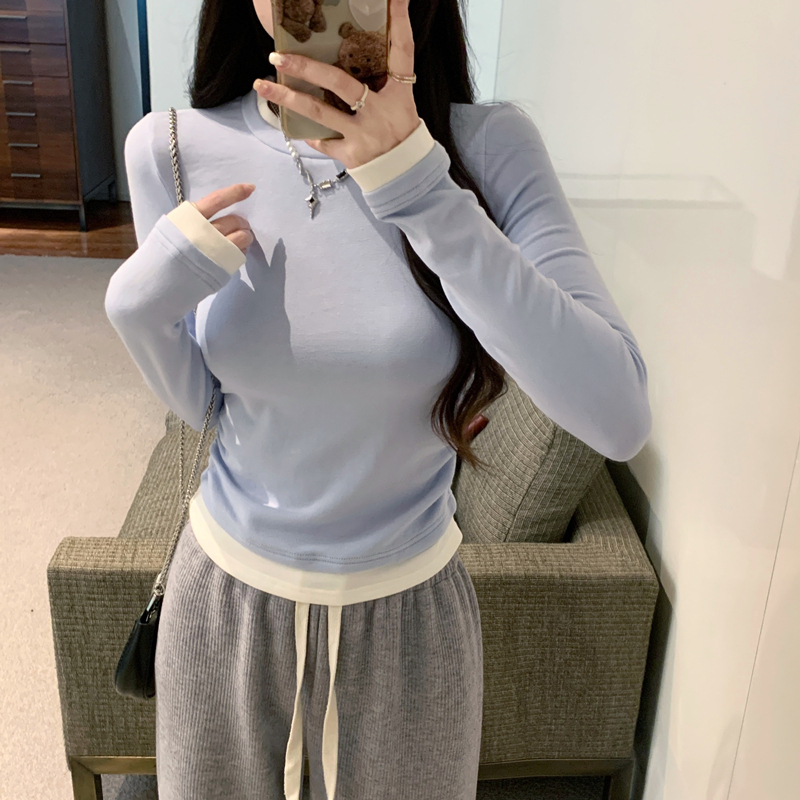 Fake two pieces of German velvet warm inner T-shirt bottoming shirt for women autumn and winter Korean version contrasting color pleated slim slimming top
