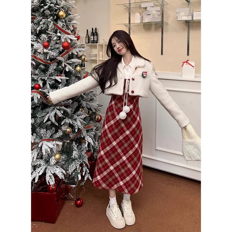 Atmospheric skirt suit for women, autumn short lamb wool coat, red plaid woolen dress two-piece set