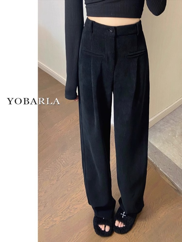 Chenille straight casual pants women's large size high waist autumn and winter plus velvet thickening fat mm slim corduroy pants