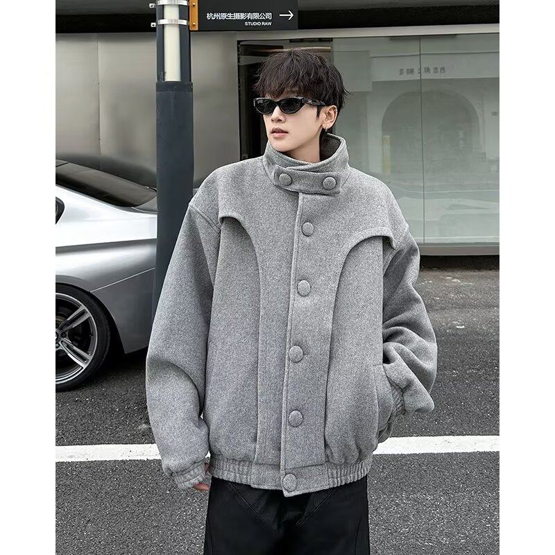 Autumn and winter Korean retro short woolen coat men's Korean version deconstructed stand collar coat