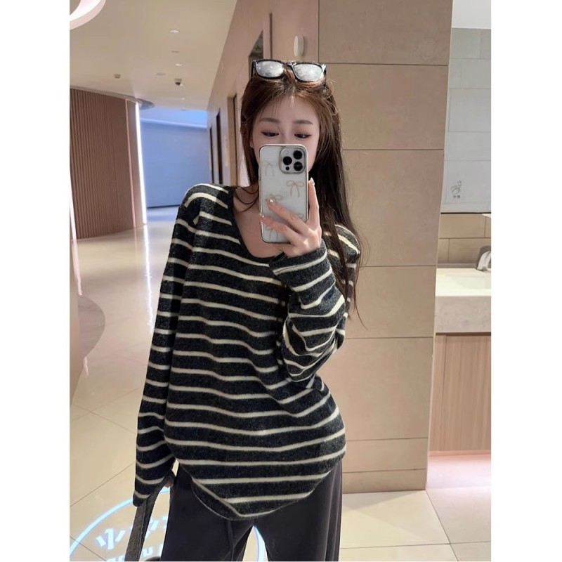 Lazy style contrast striped long-sleeved T-shirt women's winter casual loose brushed mid-length top