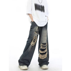American retro ripped jeans for men, washed and distressed, loose, wide-leg, straight-leg, floor- mopping, trendy high-street pants