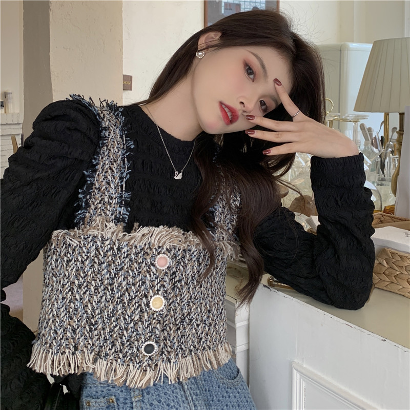 Heavy industry small fragrant style vest with fashionable design vest layered with short solid color shirt inside