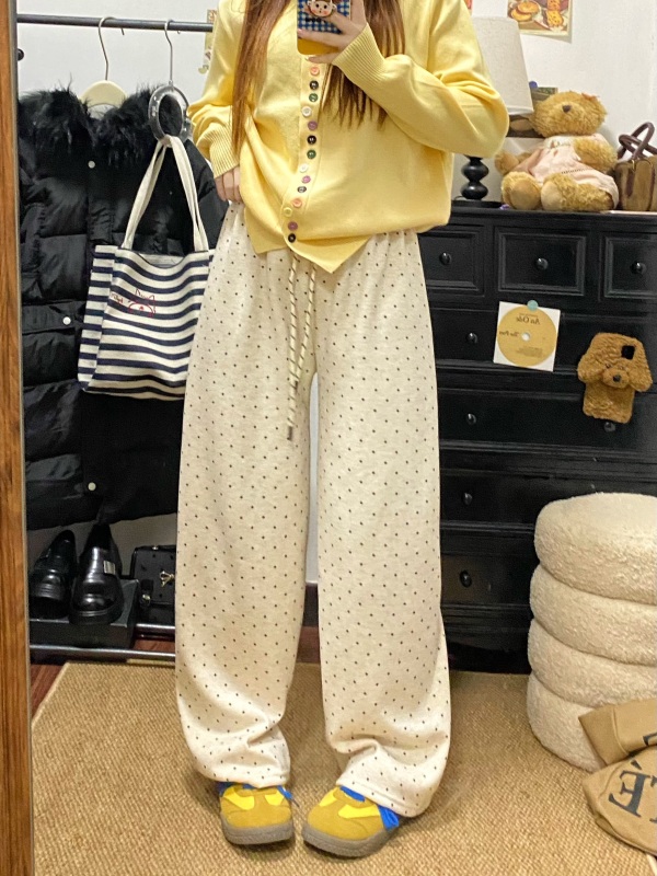 Polka-dot elastic waist baby velvet thickened high-waist drape straight pants lazy style casual wide-leg pants