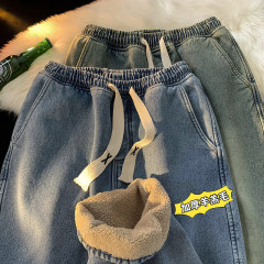 Lamb wool jeans plus velvet and thickened trendy brand retro distressed straight pants