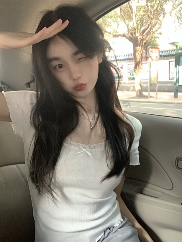 White lace lace with square collar bow spring and autumn new style slim bottoming shirt tops women's t-shirt hot girl