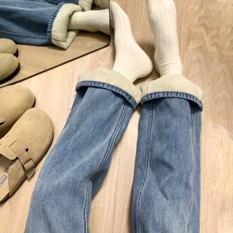 Large size plus velvet S-5XL blue and gray straight jeans for spring and autumn, fat mm looks slim and small, elastic nine-point hemming