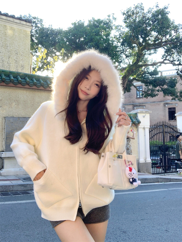 Autumn and winter fashionable hooded fur collar knitted jacket for women casual and versatile loose long-sleeved top