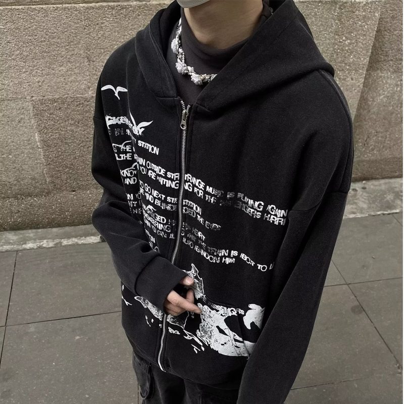 Popular new Japanese fashion simple literary trend American high street printed hooded sweatshirt