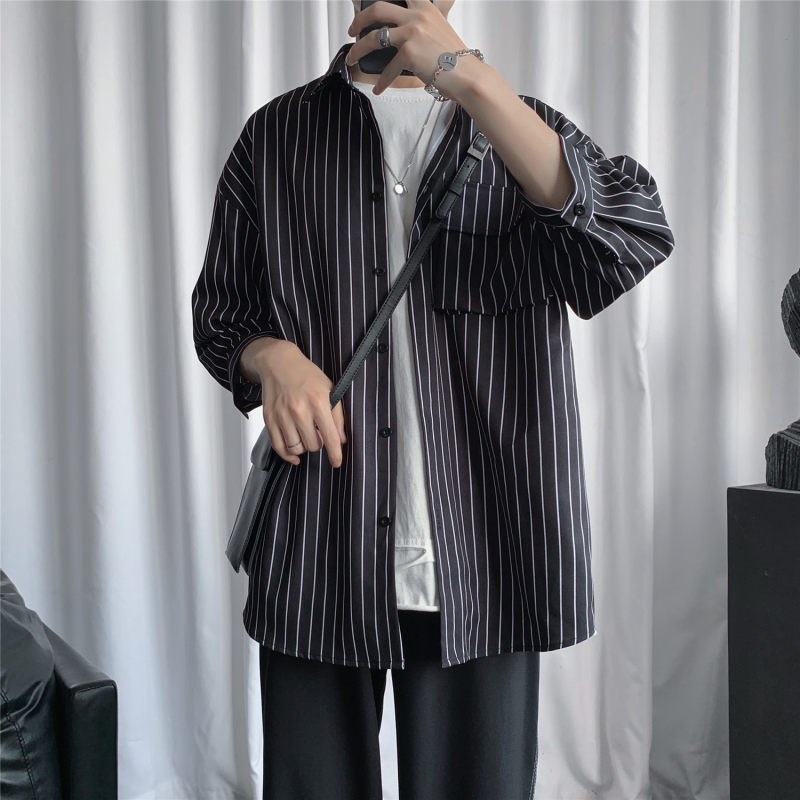 Summer striped workwear short-sleeved shirt men's loose shirt three-quarter sleeve trendy large size top for men