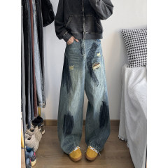 American retro splashed ink ripped loose straight wide leg scimitar jeans