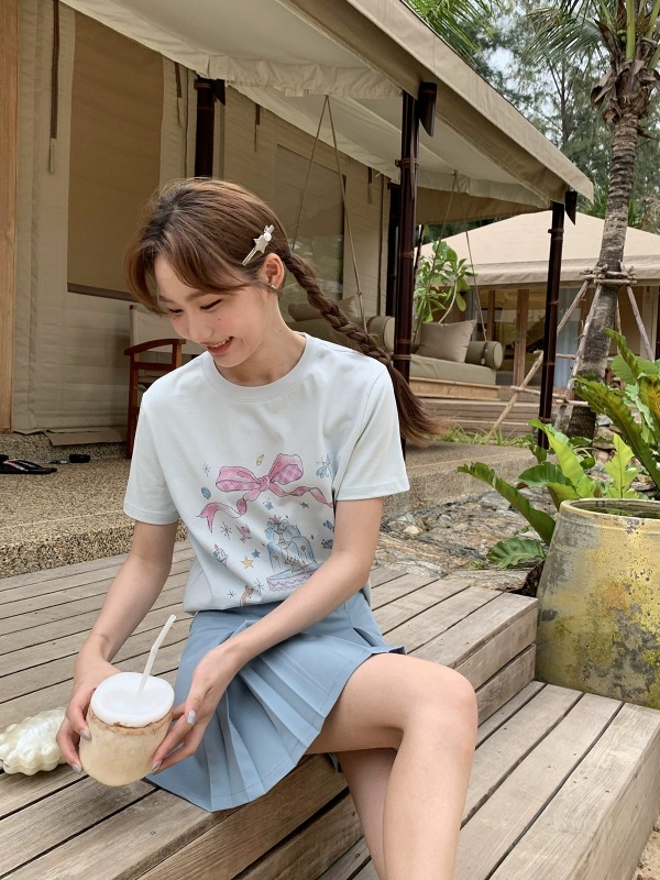 Colorful Garden Printed Shoulder Sleeve T-Shirt Women's Summer New Loose Slim Top for Little People