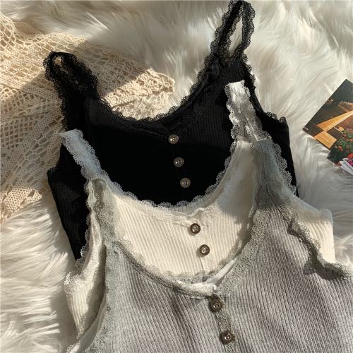 Vest women's autumn and winter inner layer with velvet and thickened lace knitted bottoming shirt sleeveless top ins trend