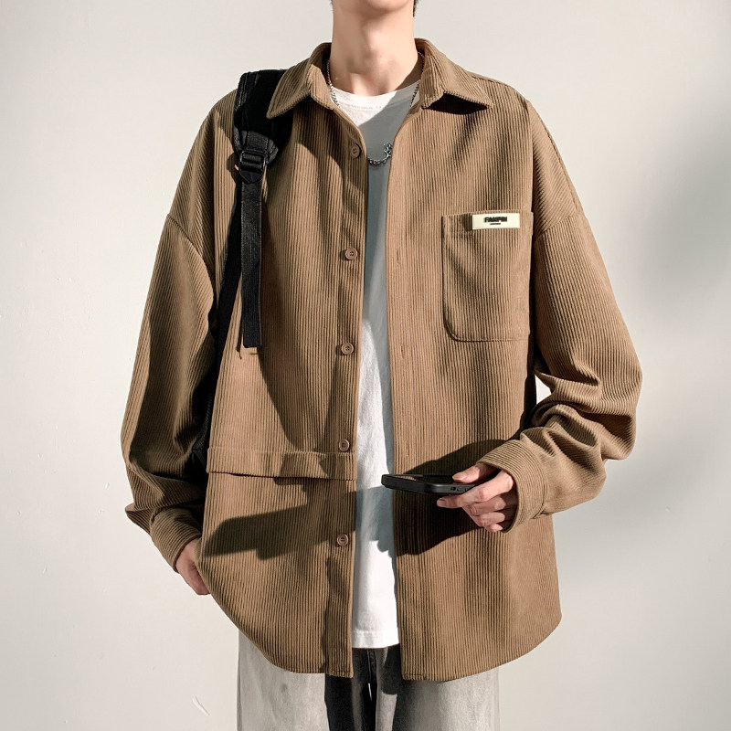 New autumn style Hong Kong scenery light and shadow wall large size corduroy long-sleeved shirt