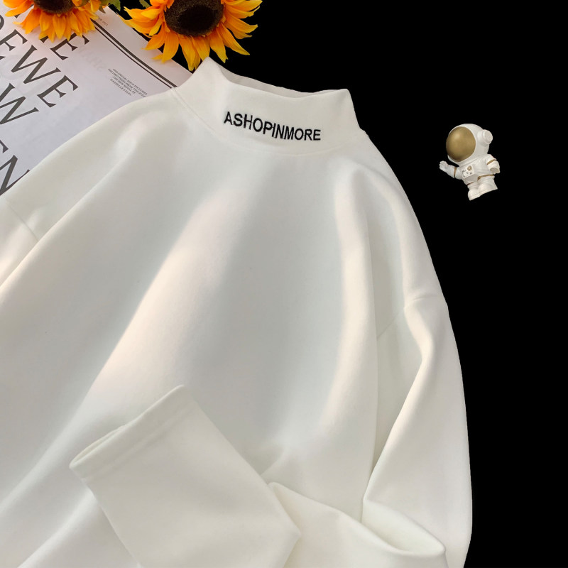 Flat lay German velvet bottoming shirt half turtleneck thickened inner embroidered couple sweatshirt for men and women