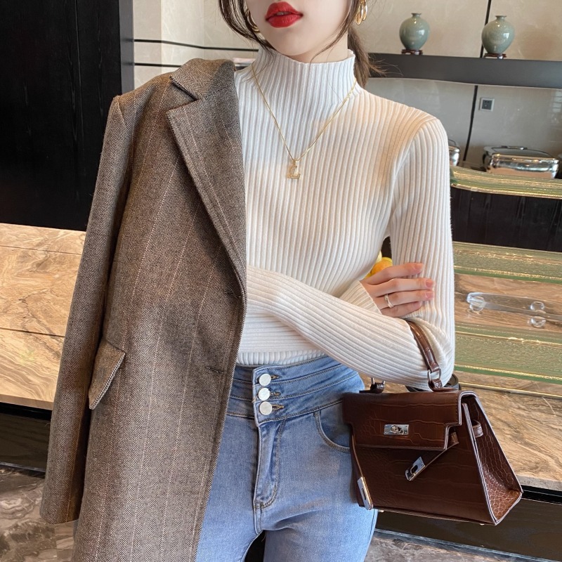 Half turtleneck sweater bottoming shirt for women autumn and winter thickened 2024 new style inner white top versatile style knitted