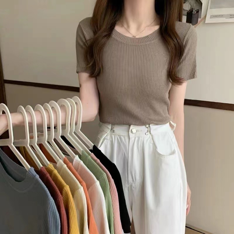 Ice silk knitted short-sleeved T-shirt women's 2022 new ins trendy slim versatile bottoming shirt round neck short top