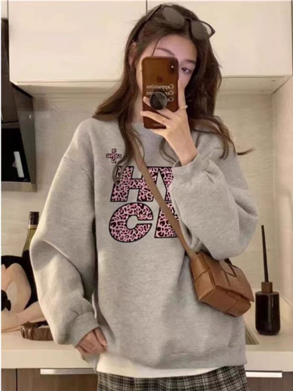 High quality cotton-containing Chinese cotton composite CVC rib round neck printed sweatshirt for women couple regular plus velvet
