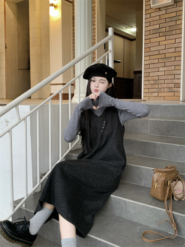 Autumn and winter Korean style sleeveless high-end woolen vest skirt + knitted inner bottoming top set