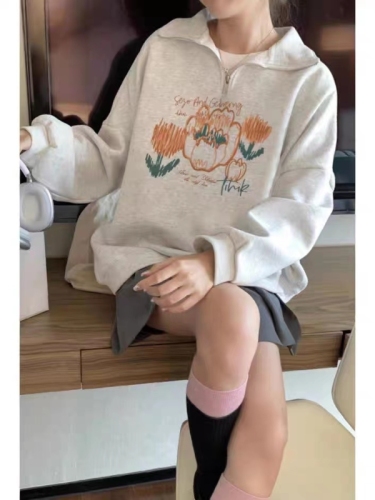 Thin Chinese cotton milk silk plus velvet Chinese cotton silver fox velvet Designed Polo collar half-zip lapel long-sleeved sweatshirt