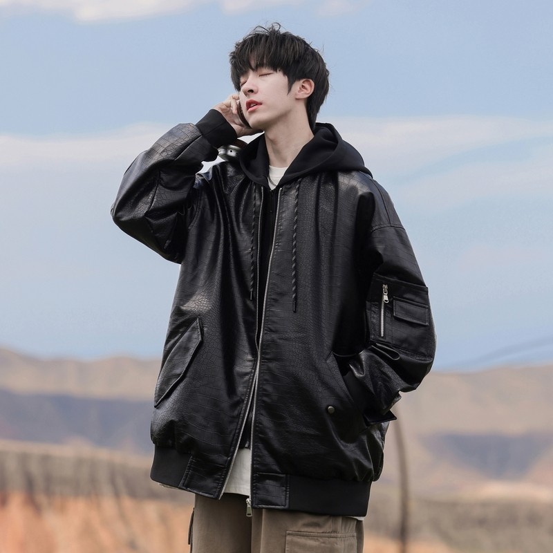 Autumn new Japanese cityboy hooded leather jacket fake two-piece jacket