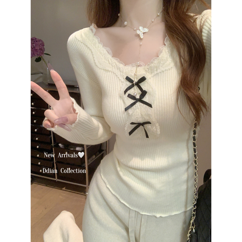 Autumn and winter Korean style pure desire lace splicing v-neck bow slim knitted long-sleeved bottoming sweater