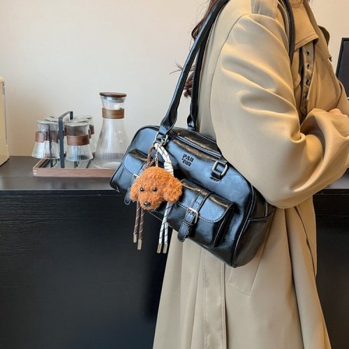 Simple retro portable bowling bag for women 2024 new fashion Korean style armpit bag large capacity commuter bag